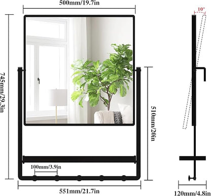 Modern Black Square Wall Mirror with Shelf and Hooks, 21.7 x 29.3 Inch Large Bathroom Mirror with 10° Adjustable Tilt for Entryway, Living Room, Hallway, Bedroom