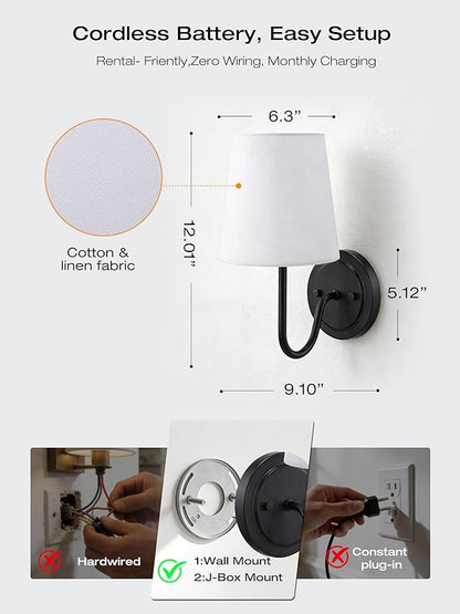 CLOUDY BAY 10000mAh Battery Operated Wall Sconces,Up to 100 Hours with Rechargeable RGB Dimmable Magnetic Bulb,Cordless Wall Lighting Fixtures with Remote for Bedroom,Black,2 Pack-12inch