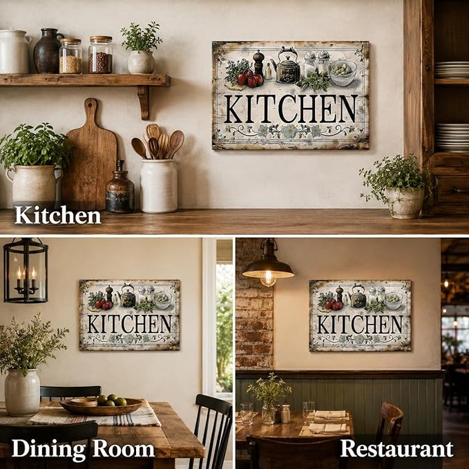 Vintage Kitchen Sign Canvas Wall Art Country Kitchen Painting Picture Decor Vegetable Food Poster Print Artwork for Restaurant Home Decoration