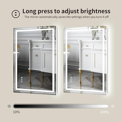 WTTY LED Bathroom Mirror with Backlit and Front Light,24"x32",Stepless Dimmable LED Mirror for Bathroom,Anti-Fog Lighted Bathroom Vanity Mirror Modern for Wall,Memory Function,Shatter-Proof