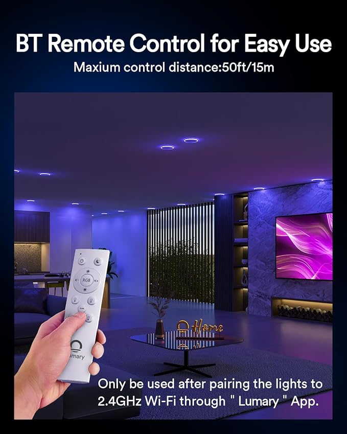 Lumary Smart Recessed Lighting Pro 6 Inch with RGB/Night Ring, 13W 1100LM Smart WiFi RGBWW LED Downlight, Canless with Junction Box, Works with Alexa/Google Assistant/BT Remote, ETL Listed, 4 Pack