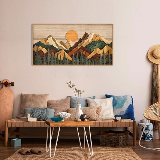 Celestdeco Large Woodcut Style Mountain Framed Canvas Wall Art Set,Woodsy Rustic Ridge Wall Decor,Boho Pine Tree Forest Wall Painting,Abstract Sunrise Wooden Art Print for Living Room,Bedroom,Office-20"X40"(Not-3D Effect)