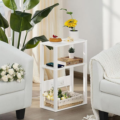 YUFAM 3-Tier Small Narrow Wood Side Table Set of 2 with Charging Station - Skinny Nightstand for Small Spaces, Slim Bedside Table with USB Ports and Outlets - Thin End Table with Storage, White