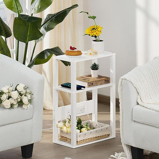 YUFAM 3-Tier Small Narrow Wood Side Table Set of 2 with Charging Station - Skinny Nightstand for Small Spaces, Slim Bedside Table with USB Ports and Outlets - Thin End Table with Storage, White