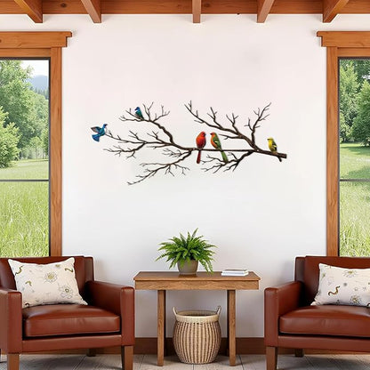 ESTART Metal Birds Wall Art, Metal Vivid Birds on Branch Silhouette Wall Decor Black Leaves with Bird Outdoor Hanging Wall Sculpture for Home Balcony Garden (Vintage Color, Large)