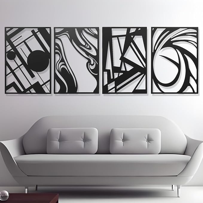 AMAATE Black Metal Wall Art, 4 Pieces Abstract Modern Line Art Sculpture, Hollowed Out Geometric & Fluid Metal Wall Hanging Decor for Living Room Bedroom Office 14.6" X 22.5" in