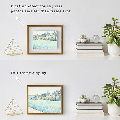 Frametory, Floating Picture Frames Set - Bronze Metal Photo Frames - Real Glass - Display One 11x14, Two 8x10, and Four 5x7 Inch Photos for Home Decoration
