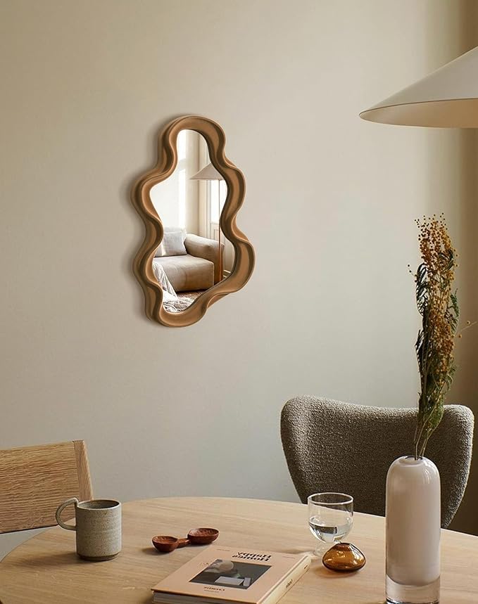 Irregular Wall Mirror Living Room Decor, Cloud Decorative Mirrors with Flocking Touch, Modern Wavy Mirror for Hallway Entryway Staircase Bedroom, Over the Door Wall Art Decoration (Brown)