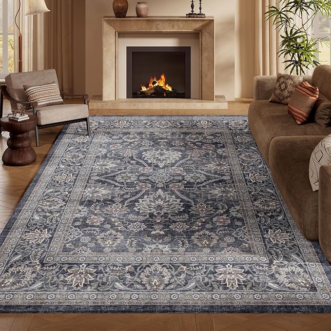 6x9 Area Rugs Grey and Blue Washable Rug for Living Room, Dining Room, Bedroom, Large Carpets, Non Slip & Non-Shedding Low Pile Vintage Print Rug for Home Office Decor