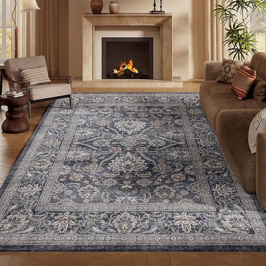 8x10 Area Rugs Grey and Blue Washable Rug for Living Room, Dining Room, Bedroom, Large Carpets, Non Slip & Non-Shedding Low Pile Vintage Print Rug for Home Office Decor