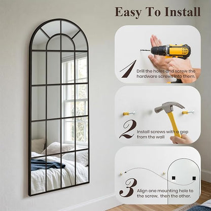 Anpark Arched Windowpane Mirror Full Length 65"x24" Wall Mounted Black Art Pane Farmhouse Decorative Floor Mirror Leaning Hanging Wall Mirror for Bedroom Living Room Entrance