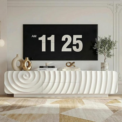 TV stand for 65'' TV , Media Console Table with Storage Cabinet, Spiral Wave Design,Low Profile Credenza for Living Room,Entertainment Center Television Stand with Curved Corner for Bedroom White