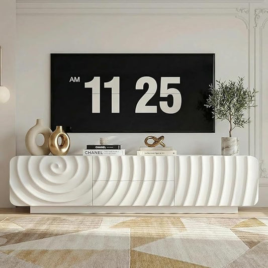TV stand for 65'' TV , Media Console Table with Storage Cabinet, Spiral Wave Design,Low Profile Credenza for Living Room,Entertainment Center Television Stand with Curved Corner for Bedroom White
