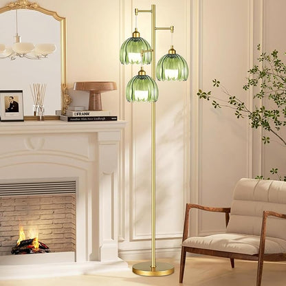 ZECOXOL Gold Floor Lamps for Living Room Bedroom-3 Light Glass Floor Lamp with Three Led Bulb, Rustic Tall Floor Lamp Gold Standing Lamp Tree Floor Lamps for Living Room Bedroom,Office,Corner