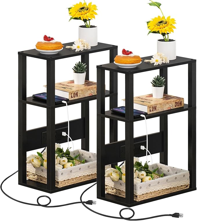YUFAM 3-Tier Small Narrow Wood Side Table Set of 2 with Charging Station - Skinny Nightstand for Small Spaces, Slim Bedside Table with USB Ports and Outlets - Thin End Table with Storage, Black
