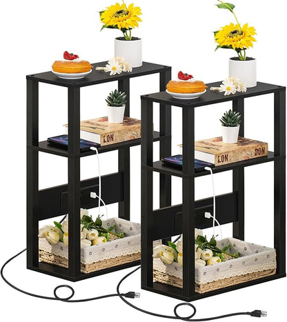 YUFAM 3-Tier Small Narrow Wood Side Table Set of 2 with Charging Station - Skinny Nightstand for Small Spaces, Slim Bedside Table with USB Ports and Outlets - Thin End Table with Storage, Black