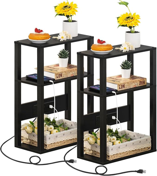 YUFAM 3-Tier Small Narrow Wood Side Table Set of 2 with Charging Station - Skinny Nightstand for Small Spaces, Slim Bedside Table with USB Ports and Outlets - Thin End Table with Storage, Black