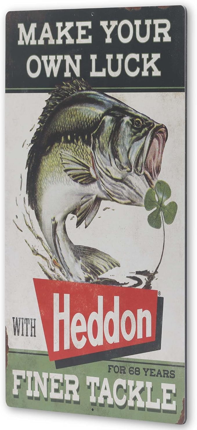Heddon Lures Make Your Own Luck Metal Sign - Vintage Heddon Wall Decor for Man Cave or Garage