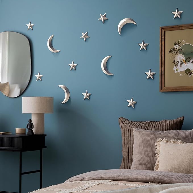 MidModArt 14PCS Mid Century Modern 3D Star Wall Art Gold Retro Starburst Sculptures Vintage Celestial Home Decor, Silver Moon-Combo