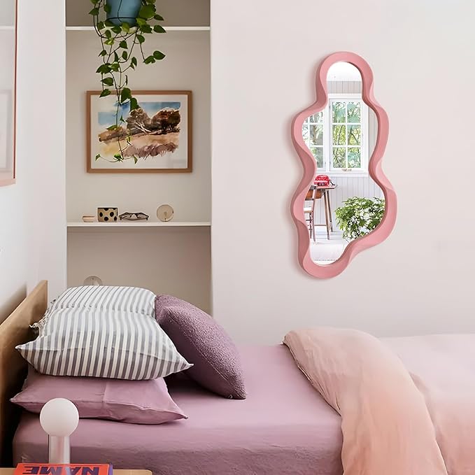 Wavy Mirror Wall Decor for Living Room, 13.8x29.7 Asymmetrical Wall Mounted Mirror with Velvet Touch for Girly Bedroom Decoration, Unique Home Accent for Modern Room Aesthetics (Light Pink)