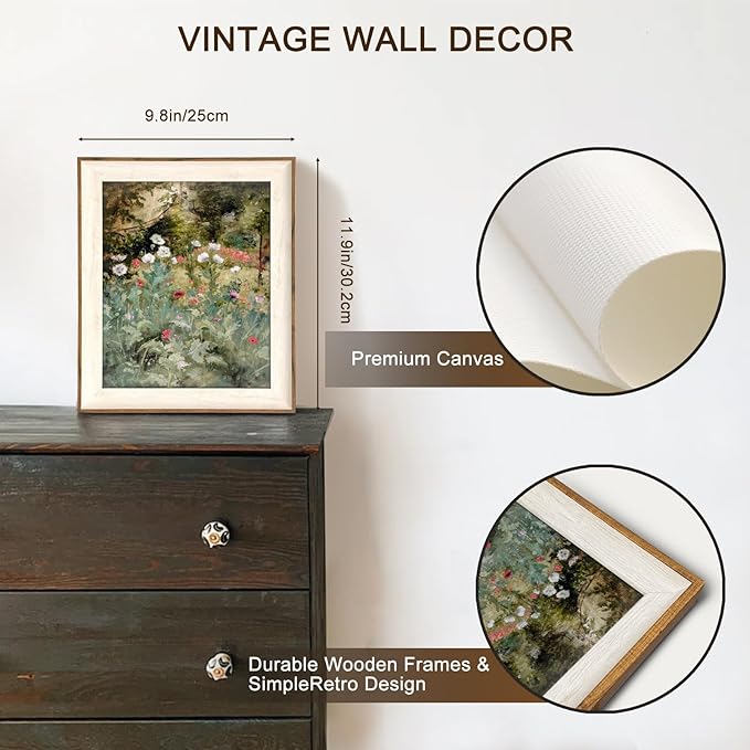 Framed Vintage Wall Art Decor, Canvas Wall Art Room Decor Vintage Still Life Flower Art Prints, Farmhouse Wall Decor Poppy Canvas Oil Painting, Rustic Botanical Floral Wall Decor Pictures, Landscpae Prints - 10x12Inch