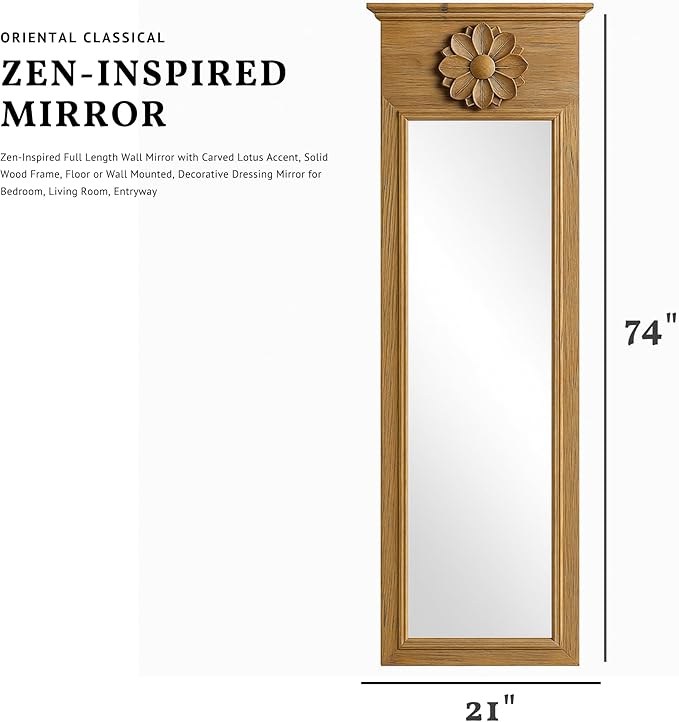 ZIYOO Full Length Wall Decorative Mirror with Carved Lotus Accent, in Natural Wood Finish, Floor or Wall Mounted, Living Room, Entryway Japandi Wabi-Sabi Home Decor, 74"x21"
