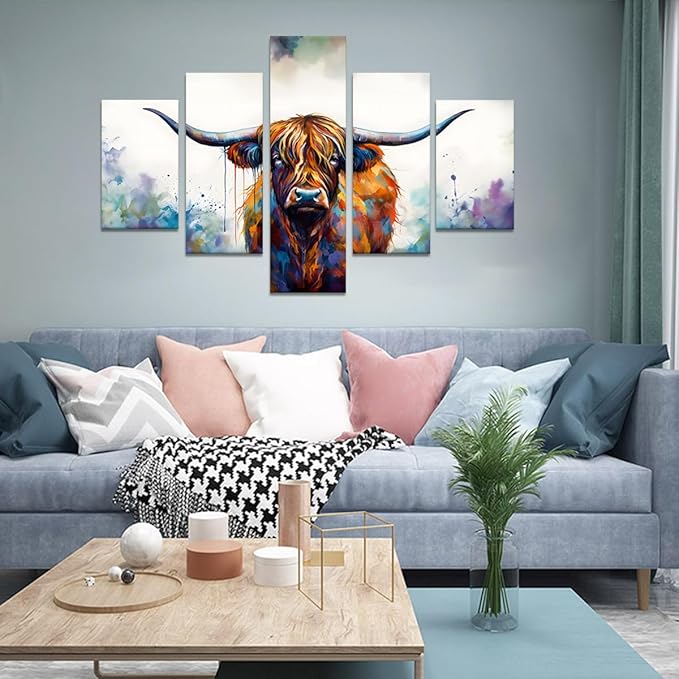 Yatsen Bridge Graffiti Cow Pictures 5 Panels Highland Cow Wall Art Farmhouse Posters Canvas Prints Painting Animal Wall Decor Artwork Home Office Framed Ready to Hang - 60''W x 40''H