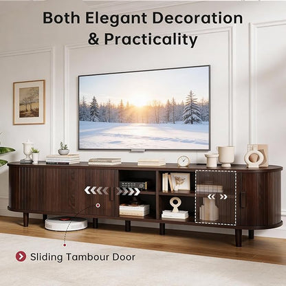 80" Mid Century Modern TV Stand, Wood TV Consoles with Sliding Doors and Power Outlet, Entertainment Center with Adjustable Shelves, Fluted TV Stands for Living Room, Walnut