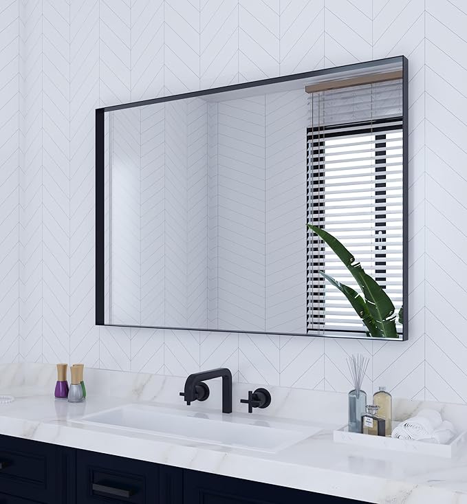 VocalStar Black Bathroom Mirror for Wall, 32 x 40 Inch Square Corner Rectangle Metal Framed Bathroom Vanity Mirrors Modern Farmhouse, 1/4-inch Shatterproof Glass | Ultra-Flush Hanging