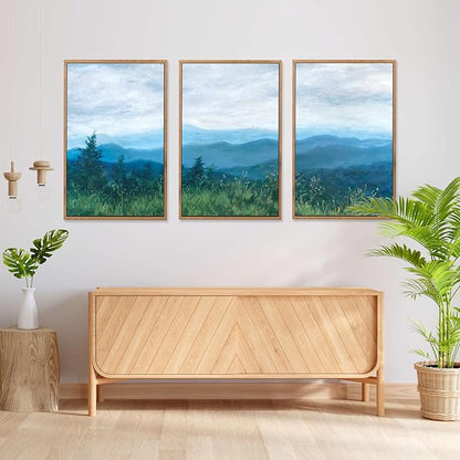 CHDITB Boho Blue Mountain Framed Wall Art Paintings(16"x24"), 3 Panels Blue White Sky Ridge Virginia Landscape Watercolor Canvas Artwork Printings, Large Modern Cloud Trees Nature Posters for Bedroom Living Room