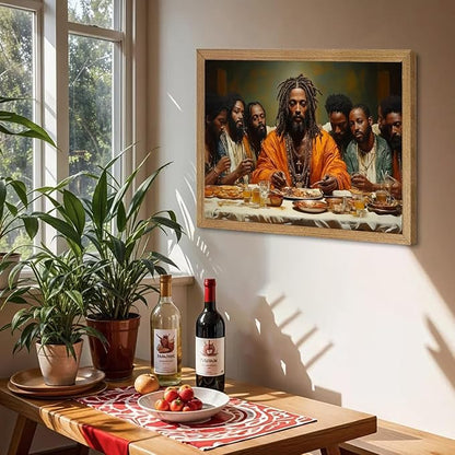 Framed Modern Black Jesus Canvas Wall Art African American The Last Supper Painting Picture Wall Decor Black Man Christian Poster Print Artwork for Kitchen Dining Living Room Bedroom Home Decor16x24in