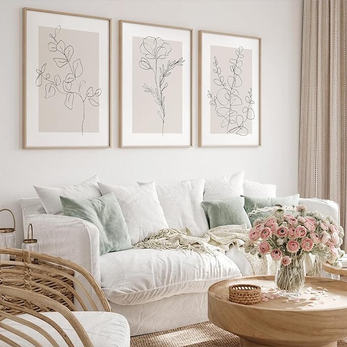 Neutral Botanical Prints Wall Art Flower Minimalist Canvas Wall Decor Vintage Line Wall Art Floral Plant Painting Pictures Beige Boho Artwork Farmhouse Poster for Bedroom 24x36 Inch Unframed Set of 3
