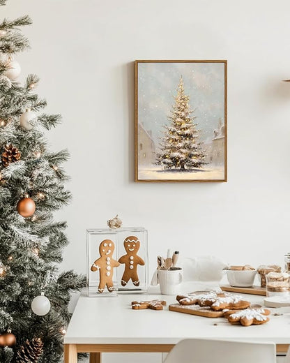 VIYYIEA Framed Canvas Christmas Tree Wall Art Pictures Home Decor Village Canvas Prints, Vintage Christmas Decorations Indoor Painting Picture, Wall Decor Gifts for Friends or Family - 16L x 12W