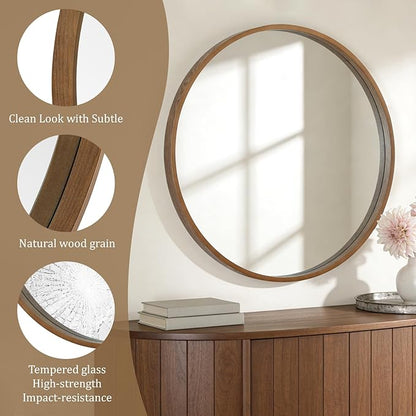 WallBeyond Round Wood Mirror, 36" Round Modern Decoration Large Circle Wall Mirror for Bathroom Living Room Bedroom Entryway, Walnut