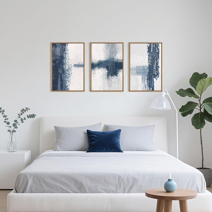 Celestdeco Large Abstract Navy Blue Grey Framed Canvas Wall Art Set,Modern Minimalist Wall Decor,Neutral Brush Stroke Artwork for Living Room,Bedroom,Dining Room,Office-16 x24 x3