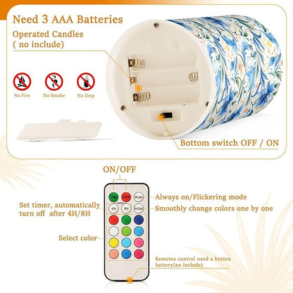 ALAZA Flowers Floral Blue Flickering Flameless Candles Battery Operated with Remote Timer,Tea Light Candles LED Pillar Votive Candles Set of 2 for Outdoor Indoor Decorations