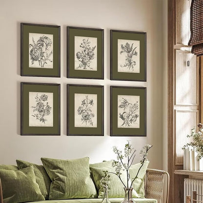 Vintage Floral Wall Art Sketch Flower Prints Antique Botanical Canvas Wall Art Decor Vintage Etchings Floral Poster Green Botanical Painting Sage Green Artwork for Bedroom 8x10x6 Inch Wood Framed