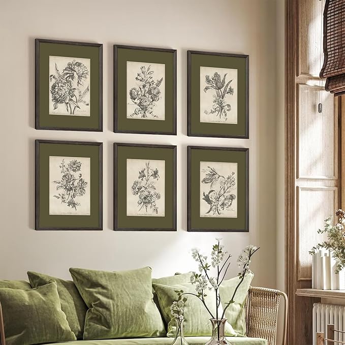 Vintage Floral Wall Art Sketch Flower Prints Antique Botanical Canvas Wall Art Decor Vintage Etchings Floral Poster Green Botanical Painting Sage Green Artwork for Bedroom 12x16x6 Inch Wood Framed