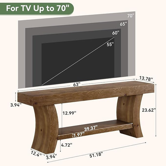 63" Solid Wood TV Stand for 55/60/65/75" TVs, Farmhouse TV Console, Low Entertainment Center with Storage for Living Room, Bedroom (Dark Brown)