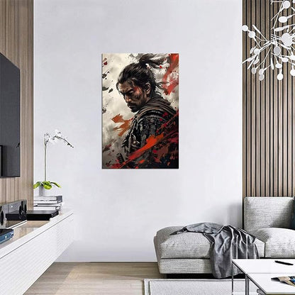 Samurai Wall Art Japan Painting Canvas Prints Warrior Figure Pictures Bushido Posters Japanese Culture Theme Artwork for Bedroom Classroom Dorm Living Room Aesthetic Decor Framed (28''W x 44''H)
