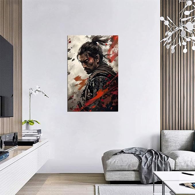 Samurai Wall Art Japan Painting Canvas Prints Warrior Figure Pictures Bushido Posters Japanese Culture Theme Artwork for Bedroom Classroom Dorm Living Room Aesthetic Decor Framed (18''W x 24''H)