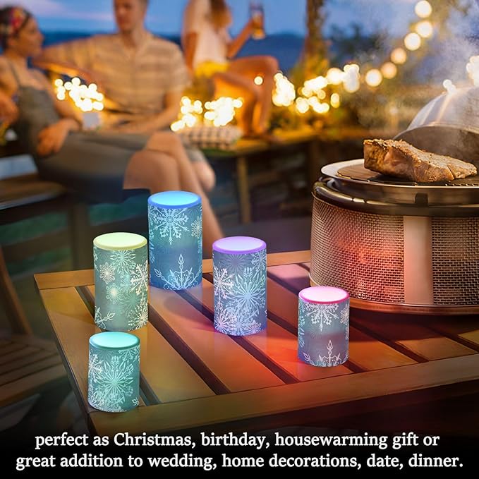 Christmas Flameless Candles Teal Blue White Snowflake Pillar Candles Set of 2 Battery Operated Remote Control Warm Lights Home Decor
