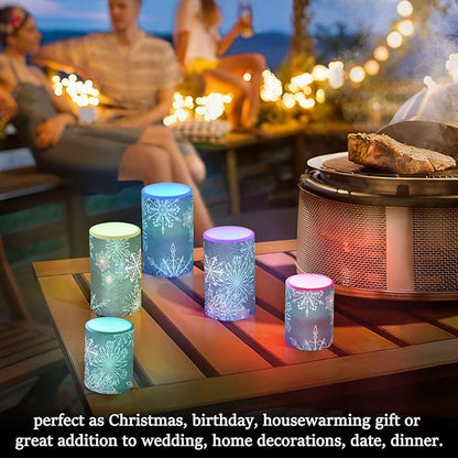 Christmas Flameless Candles Teal Blue White Snowflake Pillar Candles Set of 2 Battery Operated Remote Control Warm Lights Home Decor