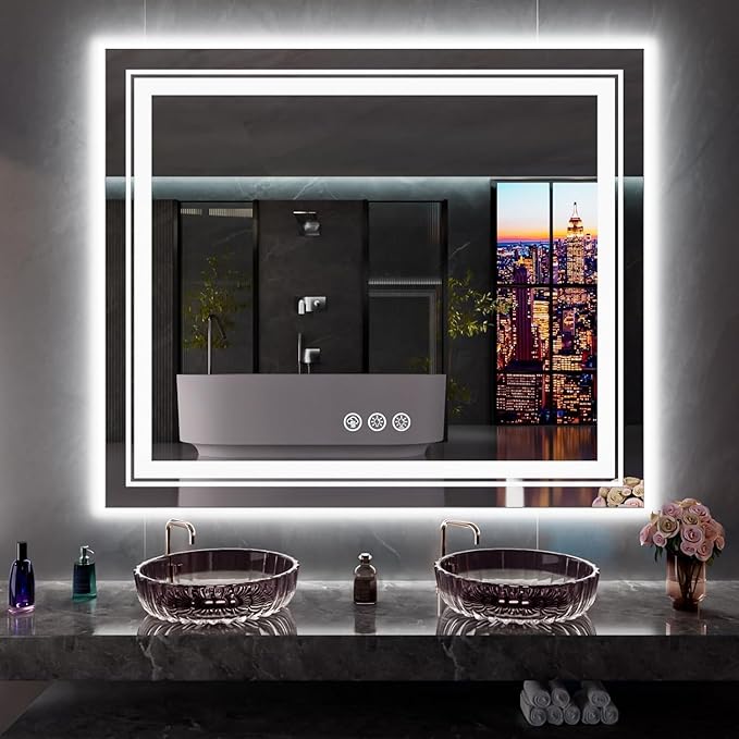 Snowdool LED Mirror for Bathroom, 48"X40" with 8 RGB Backlit +3 Front Lit (Adjustable Individually), Anti-Fog, Large Lighted Bathroom Vanity Mirror for Wall,Shatterproof,Memory Function,Tempered Glass
