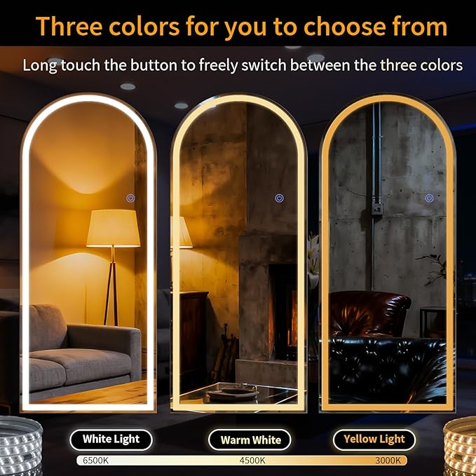 Led Mirror Full Length Tempered Glass Arched Full Body Mirrors with Dimming & 3 Color Lighting 30 x 71 Inch Full Length led Mirror for Bedroom, Dressing Room