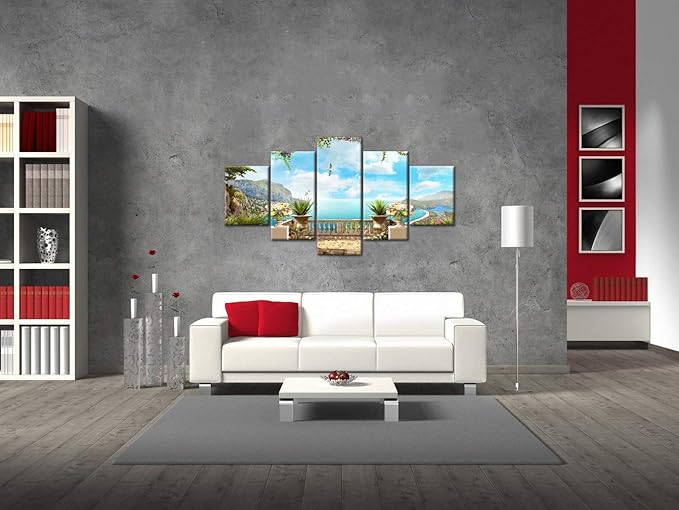 Yatsen Bridge Coastal Wall Art for Living Room 5 Piece Ocean Garden Decor Seascape Canvas Print Home Decoration Framed Ready to Hang(60''W x 32''H)