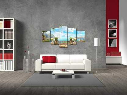 Yatsen Bridge Coastal Wall Art for Living Room 5 Piece Ocean Garden Decor Seascape Canvas Print Home Decoration Framed Ready to Hang(60''W x 32''H)