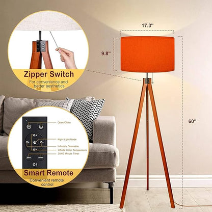 Wood Tripod Floor Lamp Orange Color for a Warm Colorful Modern Standing Lamp Linen Lampshade Dimmable Tall Lamp Mid Century Floor Lamp for Living Room Bedroom