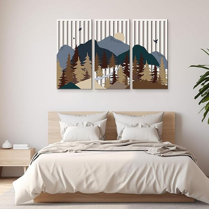 Suzile 3 Pcs Wall Sculptures Wooden Wall Decor Boho Geometric Line Hollow Wall Decor Mid Century Modern Decor Minimalist Geometric Art for Living Room Bathroom Bedroom Office Kitchen (Forest)