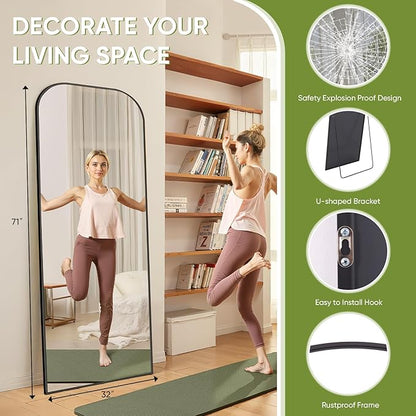 Full Length Mirror with Stand 71"x32" Floor Mirror Freestanding, Arched Floor Standing Large Mirrors Full Body Wall Hanging Leaning Home Decor for Bedroom & Living Room, Black
